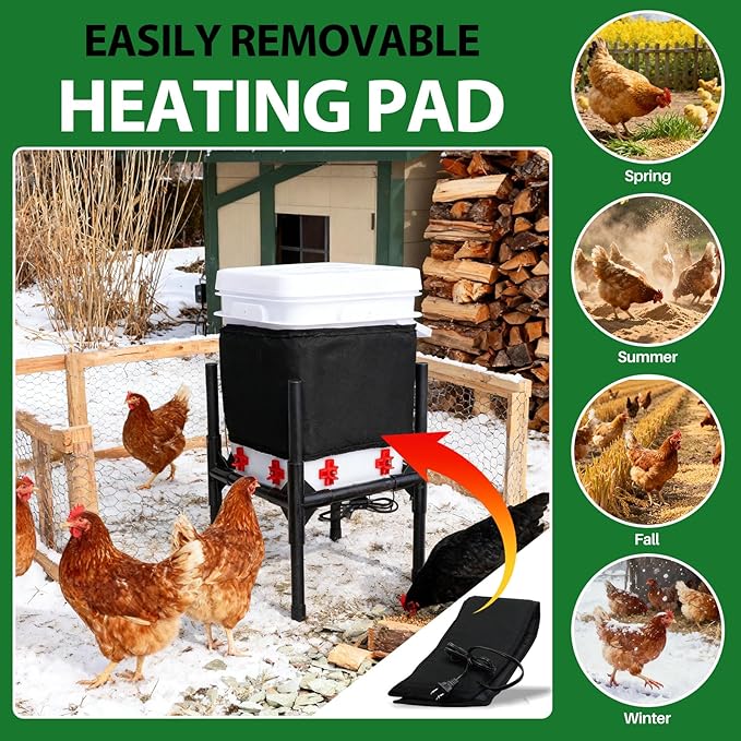 Heated Chicken Waterer,5 Gallon Chicken Poultry Water Heater with Stand for Winter with 8 Nipples + 4 Extras (black, 5 Gallon)
