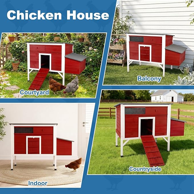 Outdoor Chicken Coop Weatherproof Wooden Hen House Small Animal Pet Hutch with Asphalt Roof Elevated Legs Removable PVC Layer Above Nest Box Pull-Out Tray