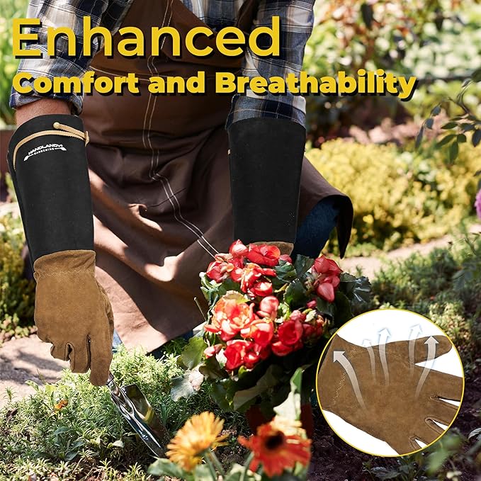 HANDLANDY Long Gardening Gloves for Men & Women, Pigskin Leather Rose Pruning Gloves, Breathable Thorn Proof Gauntlet Glove (Coffee Brown, L)
