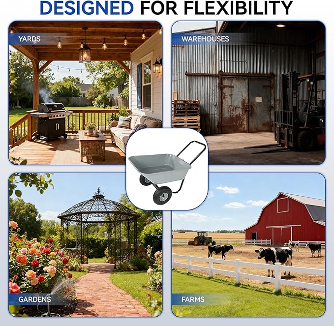 Dual Wheel Garden Wheelbarrow,Heavy Duty Yard Cart with 10“/15" Pneumatic Tires, Rustproof Poly Tray & Steel Handle, 300 lbs Capacity Utility Cart for Lawn, Farm, and Landscaping (Gray-10“)