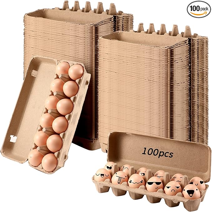 Sieral 100 Pcs Paper Egg Cartons Bulk for Chicken Eggs Blank Pulp Fiber Egg Tray Holder Reusable Empty Storage Containers for Farm Market Kitchen Camping Picnic DIY(12 Count)