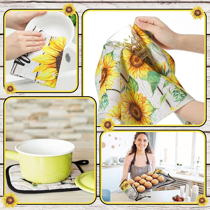 10 Pcs Farmhouse Sunflower Kitchen Decor Set Sunflower Kitchen Towels and Rugs Oven Mitts Pot Holders for Cooking Baking Grilling Gift