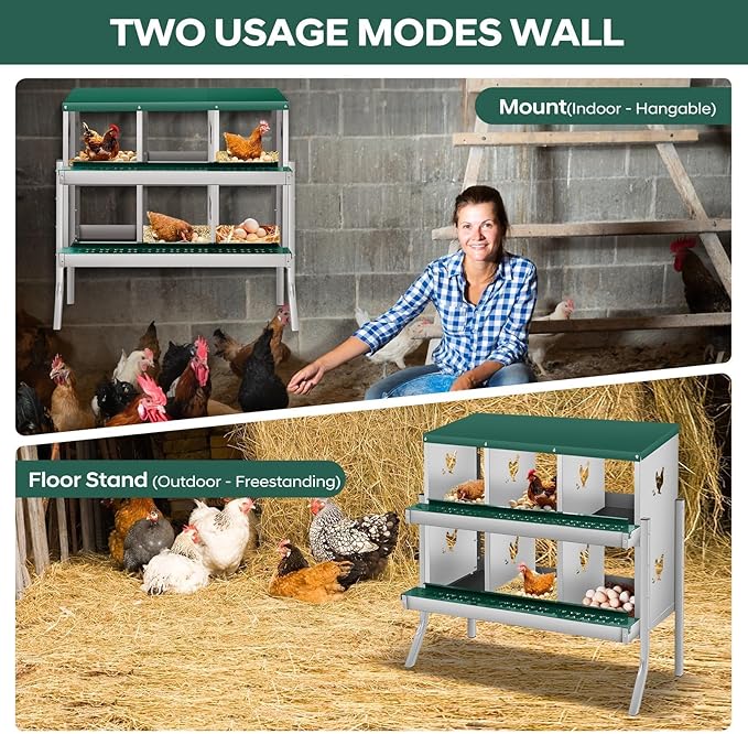 Nesting Boxes for Chickens, 3 Compartments, Nesting Boxes with 4 Dummy Eggs and 10 Dampproof Pets Mats, Green, Stainless Steel, Wall-Mountable & Roll Away Design with Stand