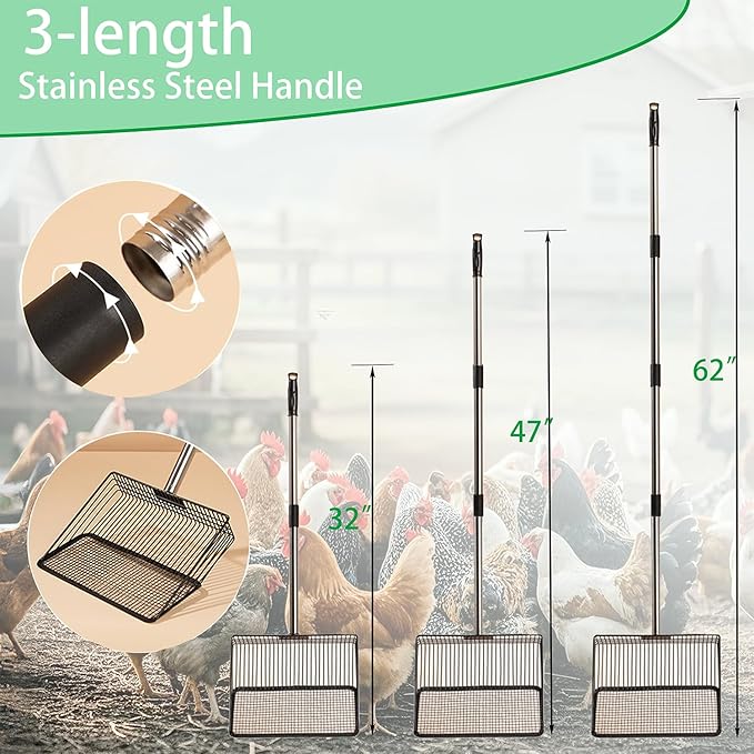 Chicken Poop Scooper - 54" Long Handle Chicken Coop Cleaner, 10" Wide Metal Waste Scooper for Poultry Waste