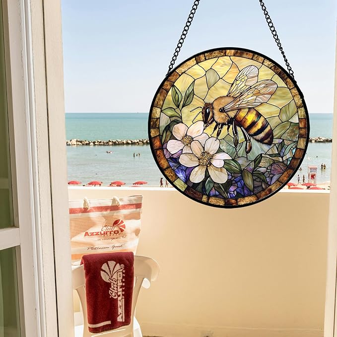 Stained Glass Window Hanging, Vintage Bee Yellow Flower Sun Catcher for Window Door Home Decor Suncatcher Christmas Mother's Day Birthday Gifts for Women Men Mom and Nana 9.8 in