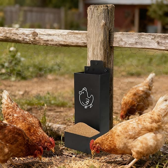 Automatic Chicken Grit Feeder Metal Hanging Poultry Feeder with Anti-Waste Design for Hens and Chicks Easy to Install Clean Outdoor Indoor Coop Accessories Small Farm Ranch Backyard Use (Black)