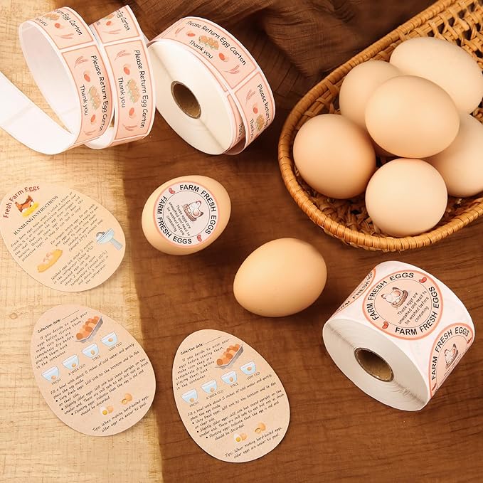 Fresh Farm Egg Packaging Set – Includes 500 Farm Fresh Eggs Carton Labels, 500 Please Return Carton Labels Stickers, 200 Double-Sided Egg Handling Instruction Cards