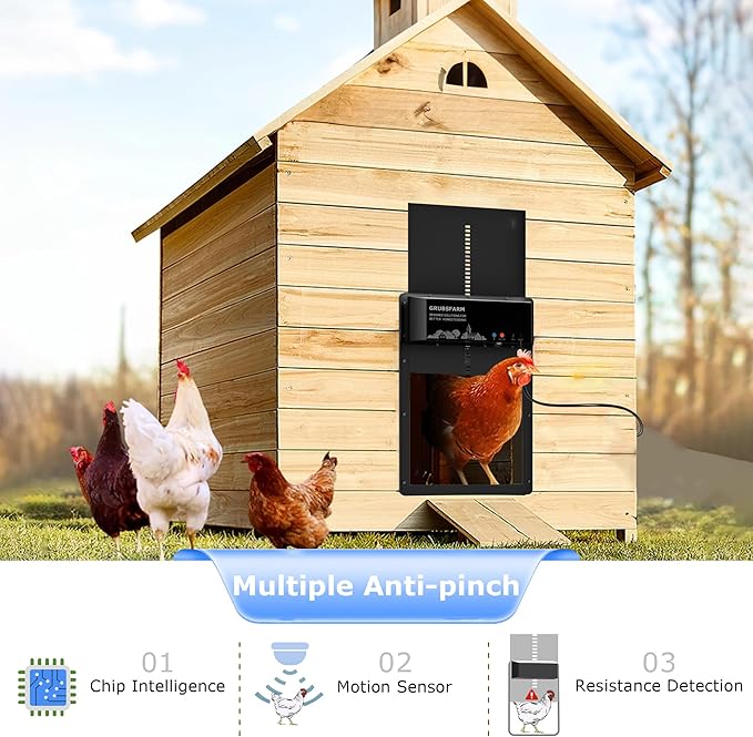 Automatic Chicken Coop Door, Programmable via App Timer, Solar/Battery/Grid Powered Design with Anti-Pinch Protection, Waterproof Aluminum Auto Door for Chickens & Ducks,Plug & Play Setup - GRUBSFARM