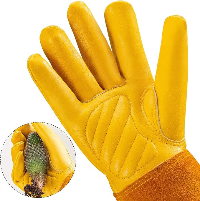 Thorn Proof Gardening Gloves for Men & Women, Long Cowhide Leather Rose Pruning Gloves with Forearm Protection, Puncture Resistant Gauntlets for Cacti, Blackberries & Yard Work(Butter Yellow,L)