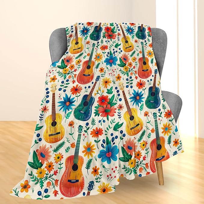 Vibrant Guitar and Floral Blanket, Soft Flannel Colorful Throw for Couch, Bed, Travel & Home Decor, Cozy Lightweight Warm Fluffy Fuzzy Blankets for Adults Kids Women Music Lovers 80×60 in