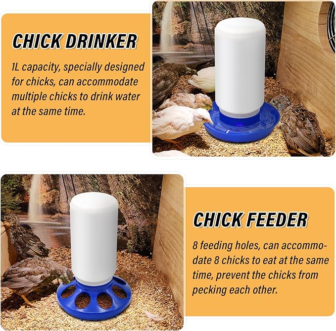 Chicken Feeder and Waterer Kit Set Automatic Chicken Waterer Feeder Poultry Duck Quail Chick Baby Bird Water Dispenser no Waste Poultry Coop Accessories Supplies(Blue)