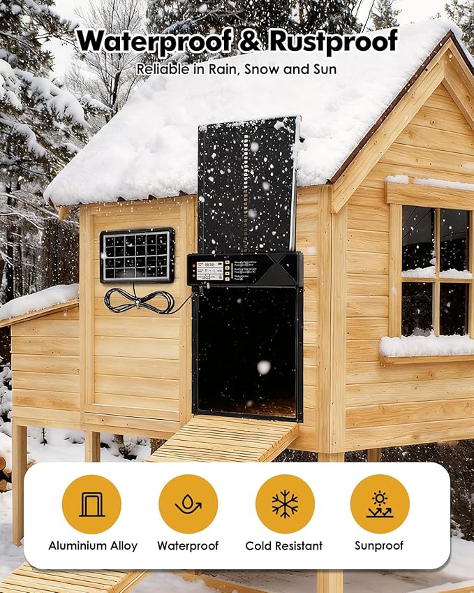 Automatic Chicken Coop Door Solar Powered,Aluminum Alloy Auto Door, Timer & Light Sensor, LCD Display, Remote Control, Anti-Pinch & Weatherproof Design, 4 Working Modes,Vertical Sliding Door