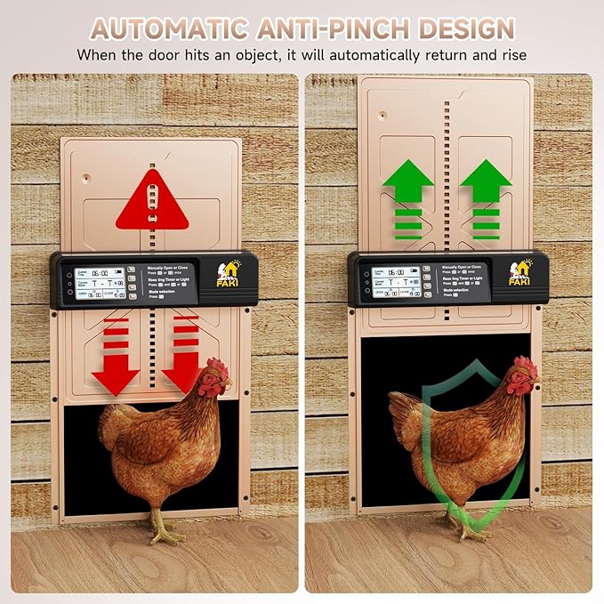 FAKI Automatic Chicken Coop Door Solar Powered with Timer Light Sensor, 2000mAh Battery and 4 Modes, Anti-Pin Brown.