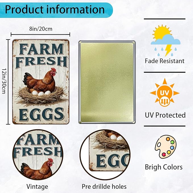 Funny Rooster Decor Vintage Farm Fresh Eggs Chicken Tin Sign for Chicken Coop Farm Garden Yard Decor 12x8 Inch
