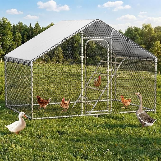 Large Metal Chicken Coop with Roosting Perch, Waterproof and UV-Resistant Cover, Chicken Run Outdoor Walk-in Cage Duck Rabbit Hen House for Yard Farm Use Spire Roof(10’ W x 4.9’ L x 6.4’ H)