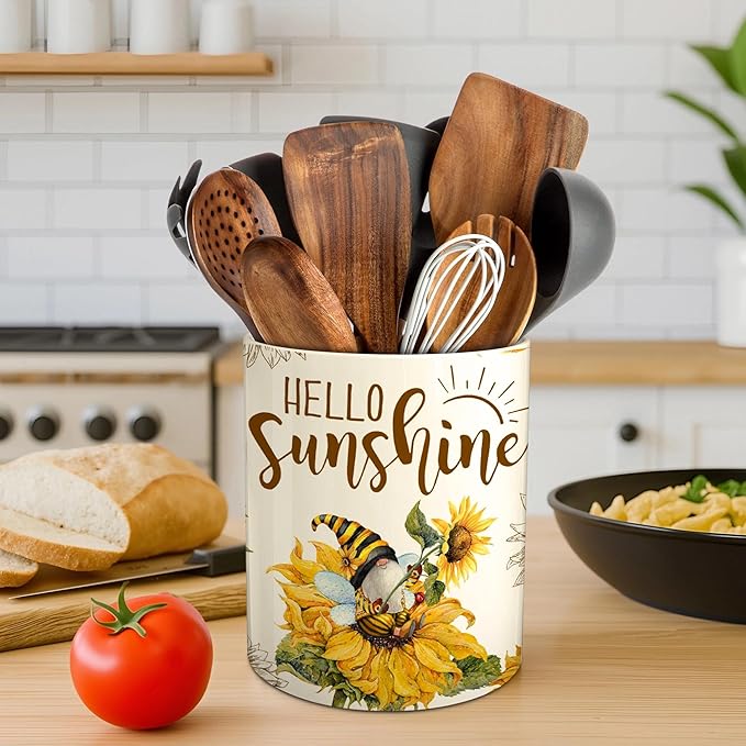 Hexagram Sunflower Decor Utensil Holder, Sunflower Kitchen Decor Ceramic Utensil Holder for Farmhouse Indoor Kitchen Decorations Rustic Farmhouse