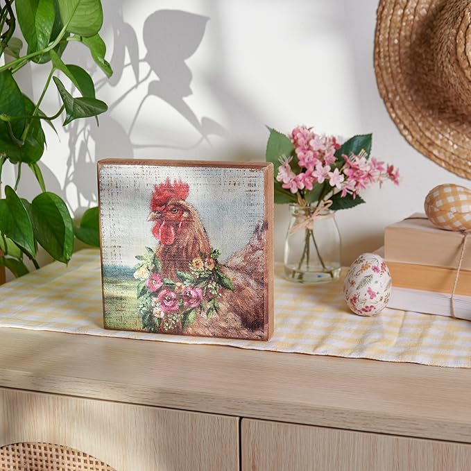 Spring Floral Chicken Sign for Home Décor, Primitives by Kathy Natural Wood Block Sign, Rustic Style with Distressed Details, Hand Painted Art, 6 by 6 Inches, Designed for Wall or Tabletop Display