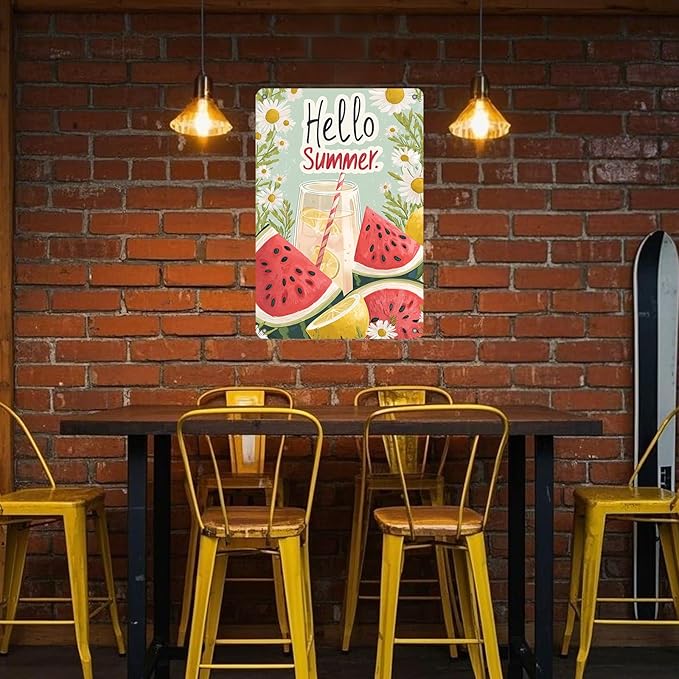 Hello Summer Vintage Tin Sign Watermelon Summer Decor Funny Wall Decor for Home Cafes Office Club 12x8 Inch