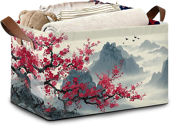 Cherry Blossom Collapsible Storage Box,Moutain Japan Organizer Bin with Handles for Room Decoration,Bins Book Basket Box 17x11.5x10Inch