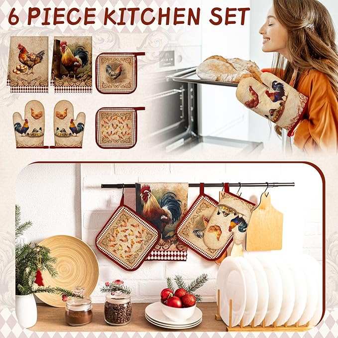 Leinuosen 6 Farm Rooster Farmhouse Kitchen Decor Dish Towels Oven Mitts and Pot Holders Sets Chicken Kitchen Towels Absorbent Decorative Accessories for Cooking Baking Grilling