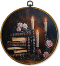 Hiuwevt Book Round Wall Art Decor, Vintage Dark Moody Academia Floral Book Framed Canvas Prints, Antique Bookish Round Wall Hanging Decor for Bedroom Home Decorations, 10x10 Inches