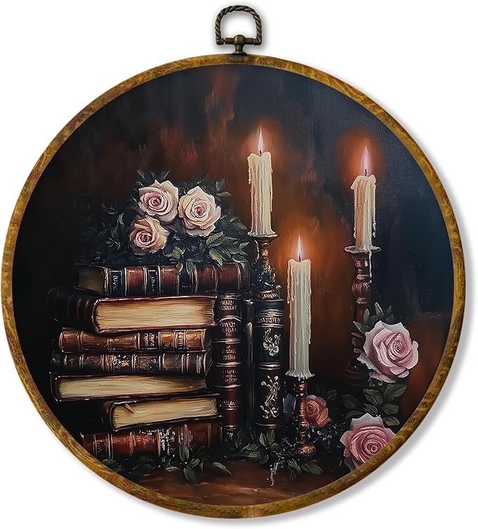 Hiuwevt Book Round Wall Art Decor, Vintage Dark Moody Academia Floral Book Framed Canvas Prints, Antique Bookish Round Wall Hanging Decor for Bedroom Home Decorations, 10x10 Inches
