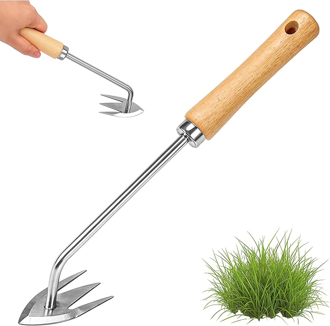 Manual Weed Remover Tool, Deweeder Hand Tool for Lawn and Garden, Upgrade 2026 Pulling Uprooting Weeding 3 Tooth Puller, Stainless Steel Weeder for Gardening Backyard Farm Plant, Durable Wooden Handle