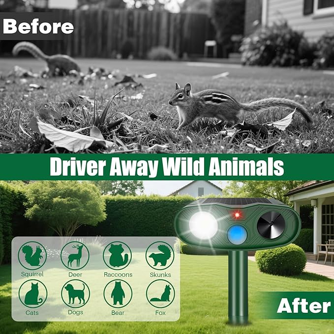 2026 Solar Sonic Racoon Fortress Pro Outdoor Cat Repellent, Ultrasonic Animal Repeller Squirrel Rabbit Deterrent with Motion Sensor&Flash Light to Scare Dog Skunk Out of Garden Yard Farm(4Pack)
