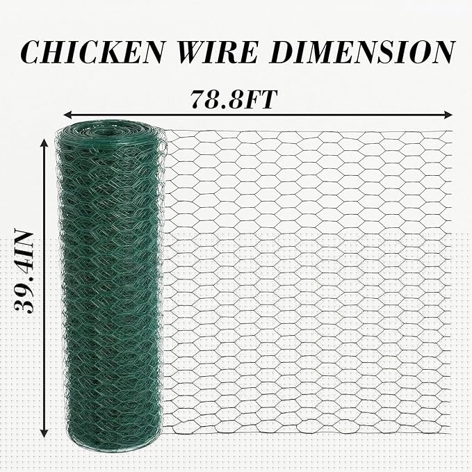 Chicken Wire 39.4IN x 78.8FT Green PVC Hexagonal Chicken Wire Garden Fence Netting Garden Fence Barrier for Craft Projects, Pet Rabbit Chicken Fencing