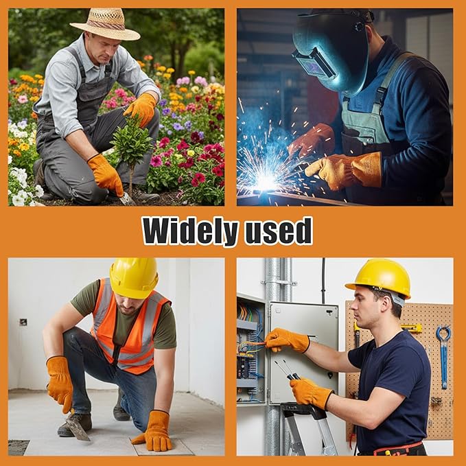 12 Pairs Leather Work Gloves Cowhide Leather Gardening Gloves with Reinforced Palm and Elastic Band, Thick Leathers Glove for Men Women Construction, Wood Cutting, Driving, Automotive Repair (Yellow)
