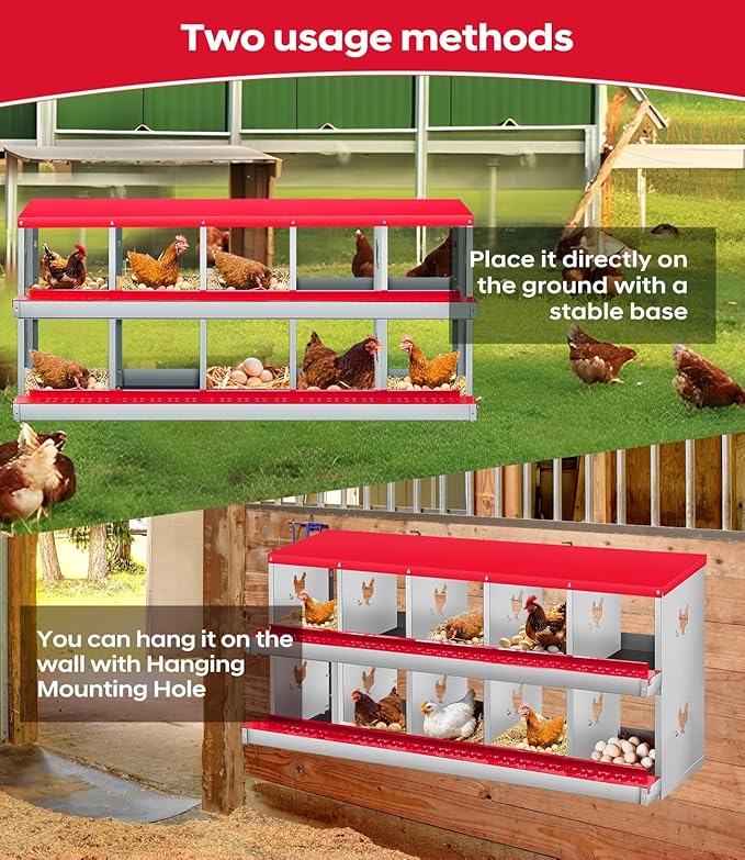 Durable Coop Accessory - Metal Chicken Nesting Box for Small Animals - 10 Compartments, Wall Mount, Easy Egg Collection, No Legs - Orange Red, 10 Compartments, No Legs