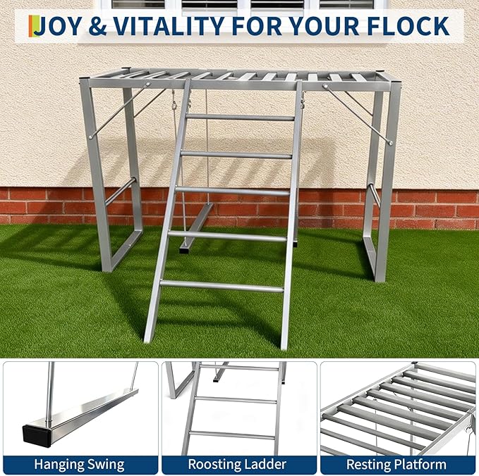 4-Tier Chicken Perch with Swing & Ladder – 39.4” Metal Chicken Roosting Bars, Coop Accessory with 2 Swings for 8-10 Chickens, Backyard Farm Enrichment Toys, Easy to Clean & Assemble