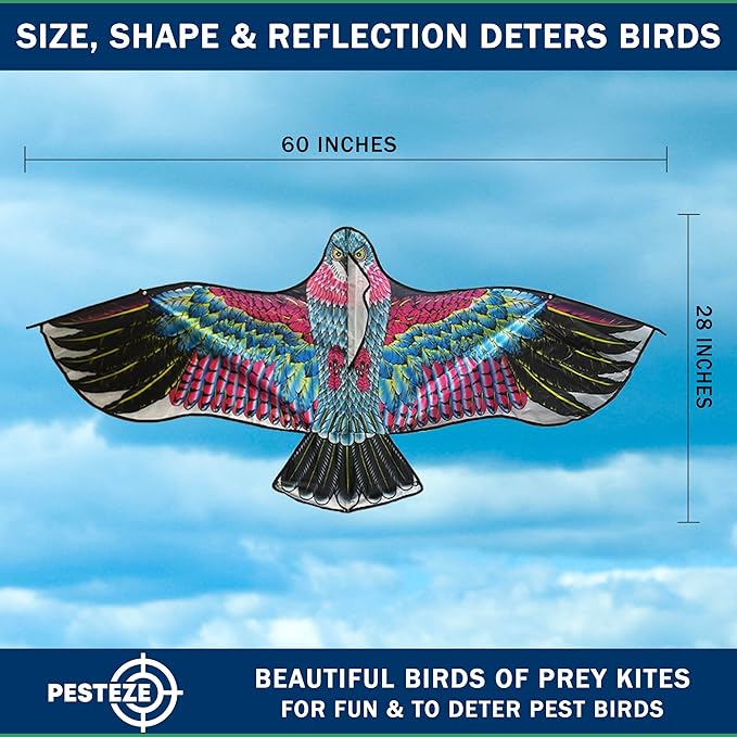 PESTEZE USA Red Eagle Kite 60x28 Inch. EZ to Fly Fun. Provides Humane Bird Deterrence in Yards & Farms. Protects Vegetables, Fruits & Crops from Pest Birds & Critters