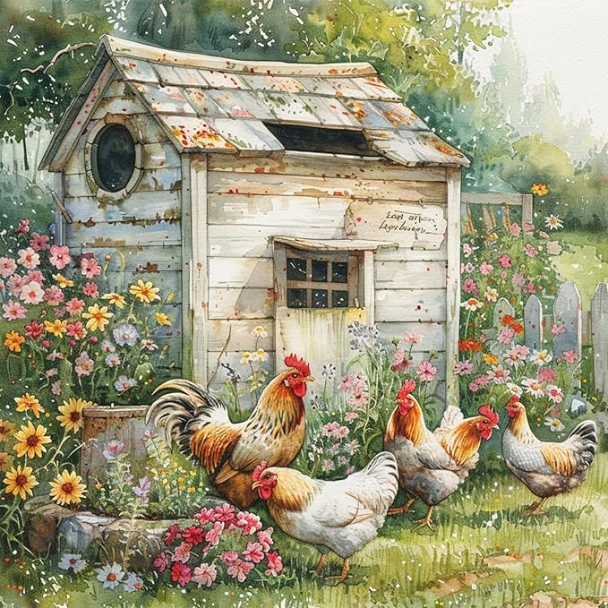 MAXBYE Chicken Coop Diamond Painting Kits for Adults, DIY Diamond Art Kits, 5D Round Full Drill Diamond Gem Art for Home Wall Decor 12x12inch