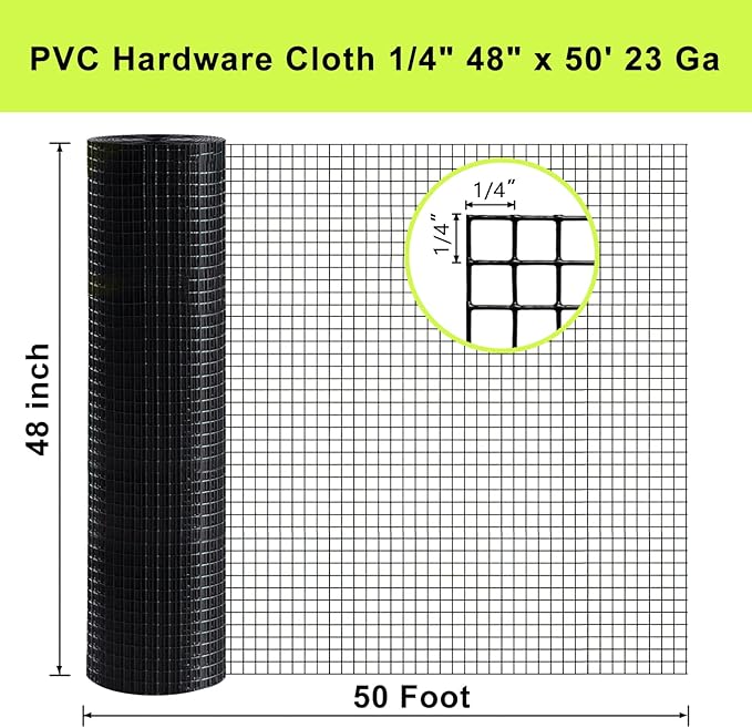 Black Hardware Cloth 48 in ×50 ft 1/4 in, 23 Gauge Black PVC Hardware Cloth, Black Vinyl Coated Welded Wire Fence Supports Poultry Netting Chicken Coop Cover Wire Fencing…