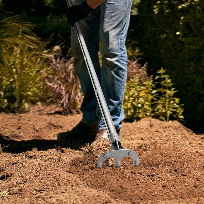 62" Hand Cultivator, 3-Tine Heavy Duty Long Handle Weeding Rakes with D-Handle for Gardens Raised Beds Orchards Small Farms and Harvesting Potatoes