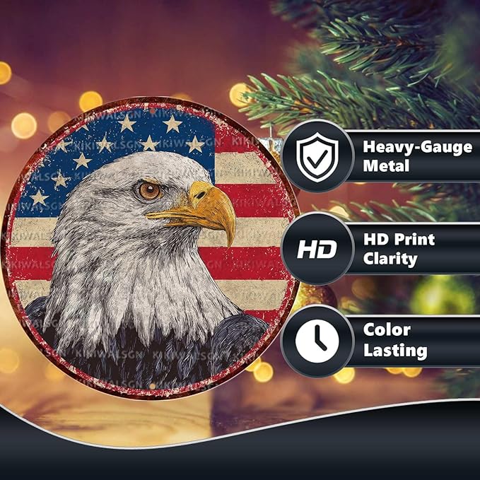 Vintage Bald Eagle Round Metal Sign Retro American flag Tin Sign Nostalgic Patriotism Wall Decor Decorations for Home Bedroom Living Room Cafe Bar Kitchen Yard Fence Door Outside 12 * 12 In