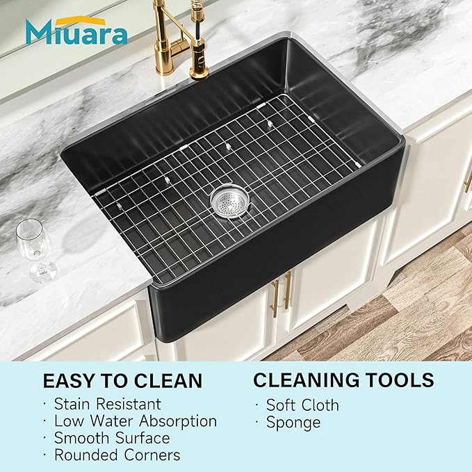 Miuara Black Farmhouse Sink 30 Inch - Apron Front Undermount Kitchen Sink 30"x20"x10", Farm House Style Deep Single Bowl, Heavy Duty Solid Fireclay, Matte Black, for Kitchen