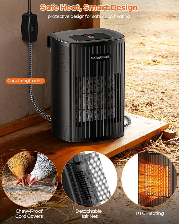 Chicken Coop Heater With Thermostat, 600W/300W Smart Winter Chicken Heater for Inside Coop, Dog House, Built-in Adaptive Temperature Sensor, Adjustable Temp, 6.5Ft Anti-Chew Cord, Memory Function