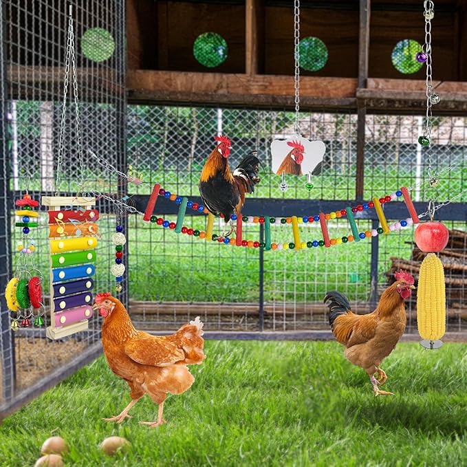 12 Pack Chicken Toys for Hens,Net Mirror Bell Xylophone String Vegetable Fruits Skewer Hanging Ladder Swings Coop Accessories for Hens Bird Parrot