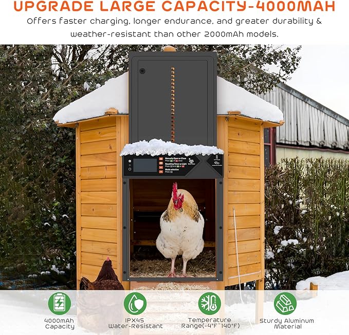 Large Automatic Chicken Coop Door, 4000mAh High Capacity Chicken Coop Door 7W Solar Powered with Timer & Light Sensor, Anti-Pinch Auto-Aluminum Chicken Door with Wire Clip & Remote Control-Black