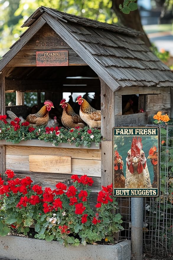 Rustic Metal Tin Sign Chicken Farm Fresh Butt Nuggets Wall Art Retro Plaque For Kitchen Bar Farmhouse Iron Painting 12x8 Inch