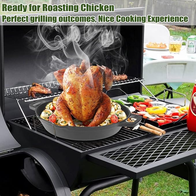 Cast Iron Chicken Roaster, Vertical Beer Can Chicken Holder with Drip Pan, Pre-Seasoned Poultry Roaster for Grill, Cast Iron Roast Turkey Stand, Roasting Pan & BBQ Grilling Accessories