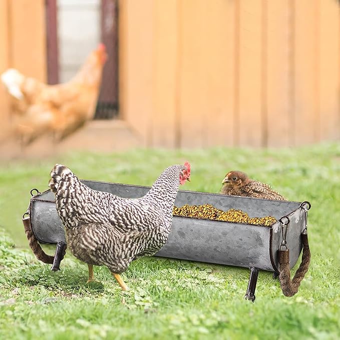 SOFE Poultry Feeder Galvanized Metal Chicken Feeder Set of 2, Farmhouse Chicken Picnic Table Feeder, Chicken Planter, Decorative Galvanized Tray Trough Shaped, 15 and 13 Inches Long