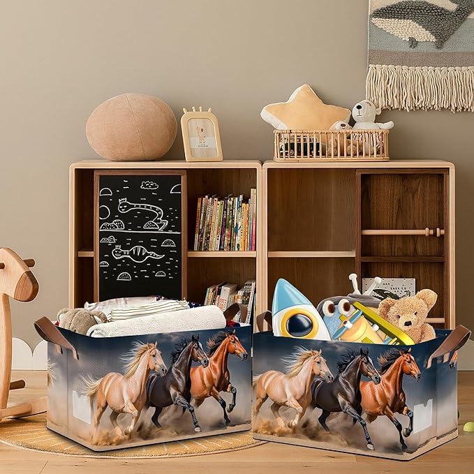 Running Horse Storage Basket with Handles,Collapsible Rectangle Organizer Bin for Room Decoration Books Box Baskets 17x11.5x10Inch