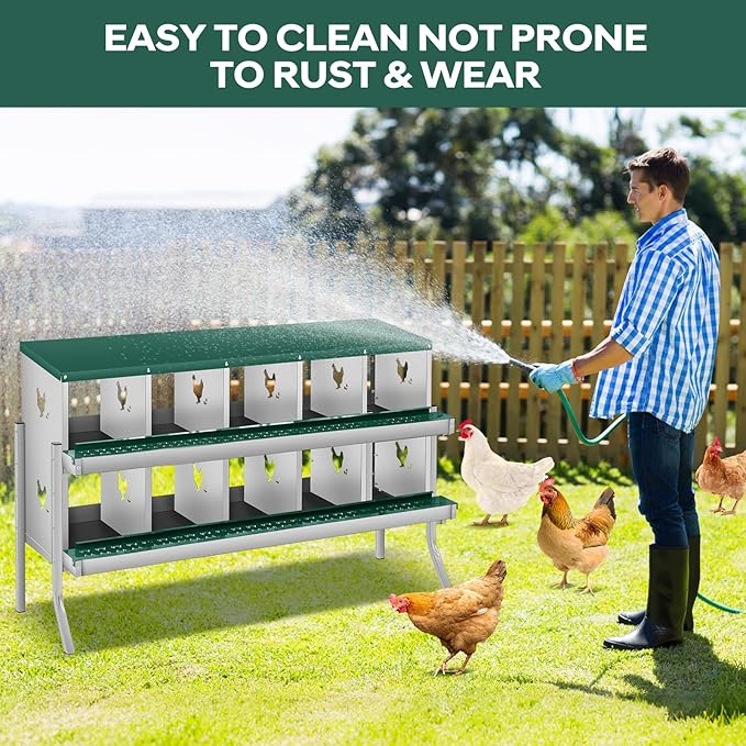 GarveeLife Chicken Nesting Box, 10 Compartments Nesting Box for Chickens, Two-Tier Galvanized Steel Chicken Egg Laying Box with Large Vented Holes Wall Mounting for Easy Egg Collection