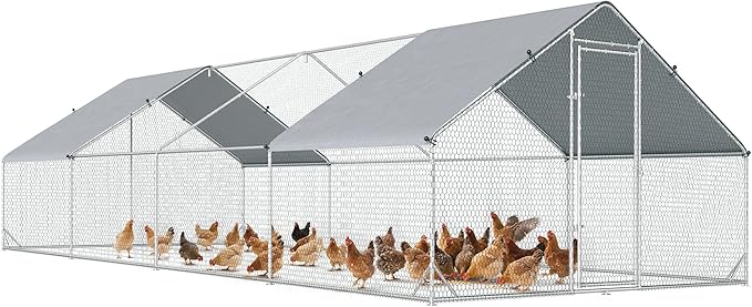 PawHut Large Chicken Coop Metal Chicken Run with Waterproof and Anti-UV Cover, Spire Shaped Walk in Fence Cage Hen House for Outdoor and Yard Farm Use, 1" Tube Diameter, 9.8' x 26.2' x 6.6'
