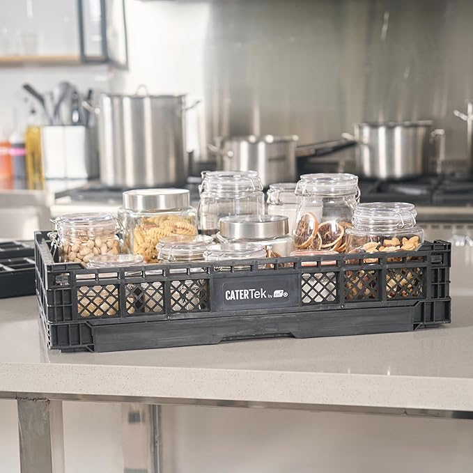 Restaurantware Plastic Milk Crates for Storage - Cater Tek Stackable Storage Buns for Organizing - Collapsible Storage Basket for Groceries, Black