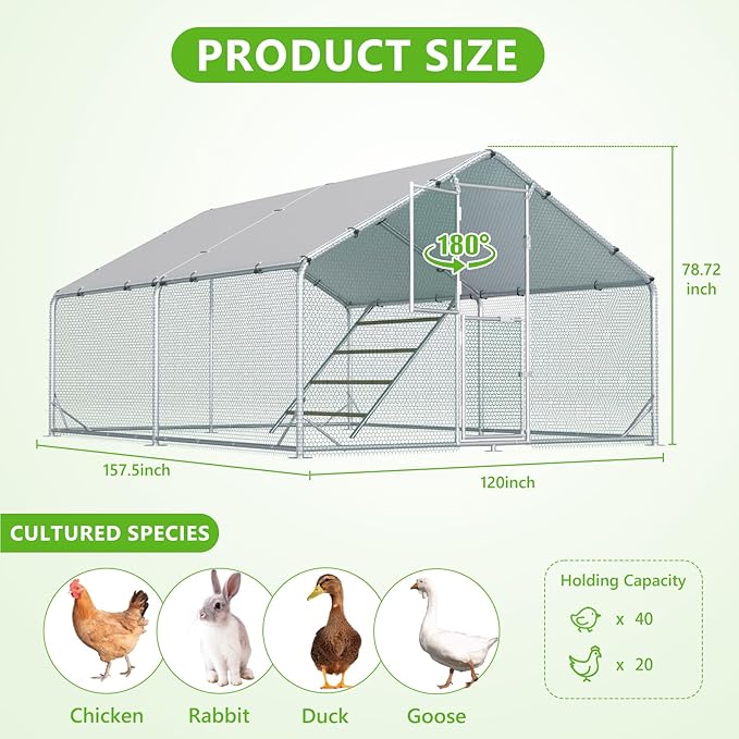 Large Chicken Coop,Metal Chicken Run for Yard with Feeding Door,Walk-in Chicken Pen for 10-20 Chickens,Outdoor Poultry Cage with Anti-UV Cover