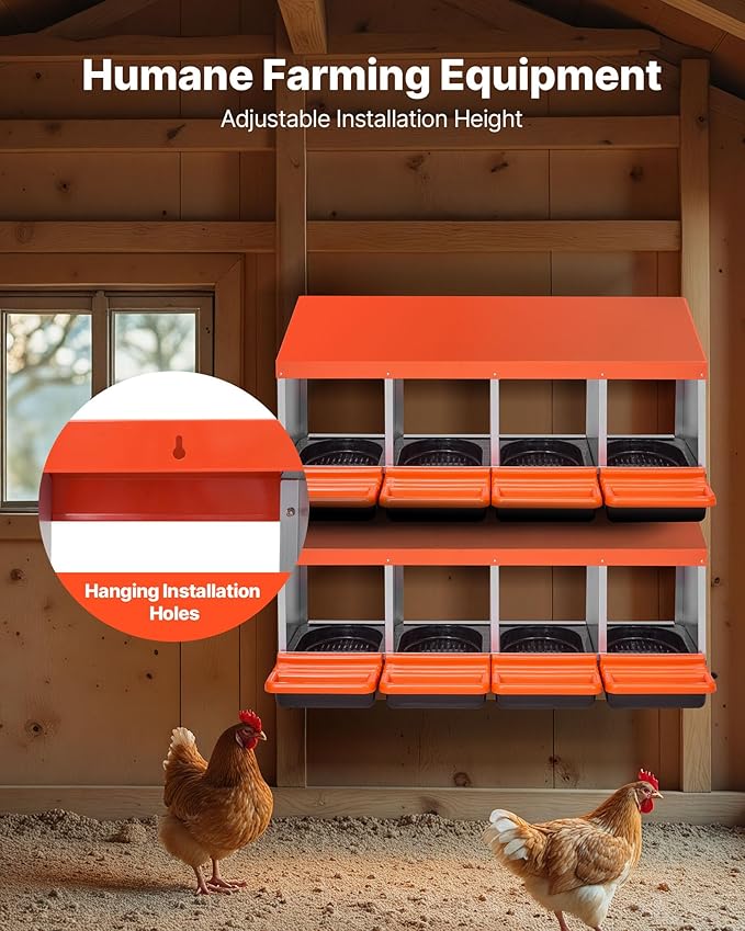 VEVOR Chicken Nesting Boxes, 4 Compartments, Metal Egg Laying Boxes with Protective Collection Lids, Roll Out Nesting Box, Easy to Assemble, Ideal for Hens, Ducks, Chickens, and Other Poultry, Orange